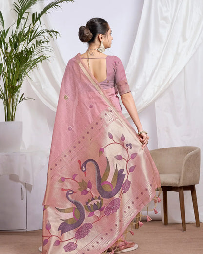 Pink Muga Cotton Saree with Jari Border and Peacock Pallu