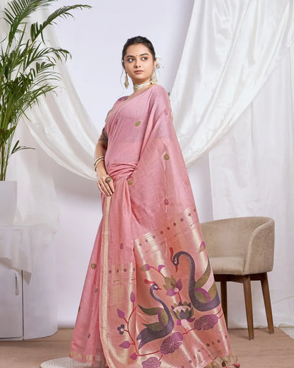 Pink Muga Cotton Saree with Jari Border and Peacock Pallu