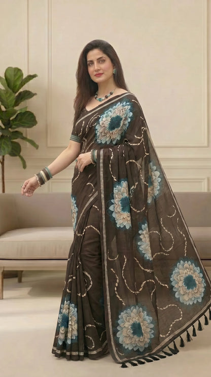 Black Floral Muga Cotton Saree with Fancy Zari Border