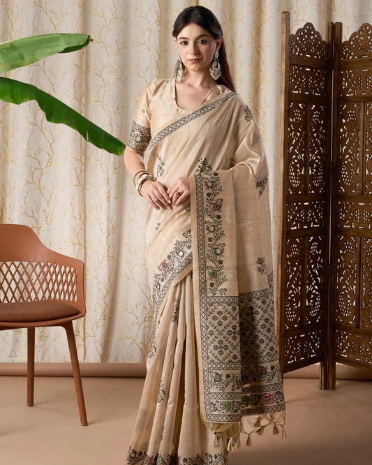 Ivory Elegance – Chikoo Tassar Silk Saree with Jamdani Artistry