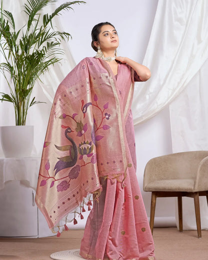 Pink Muga Cotton Saree with Jari Border and Peacock Pallu