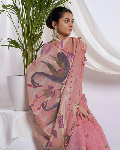 Pink Muga Cotton Saree with Jari Border and Peacock Pallu