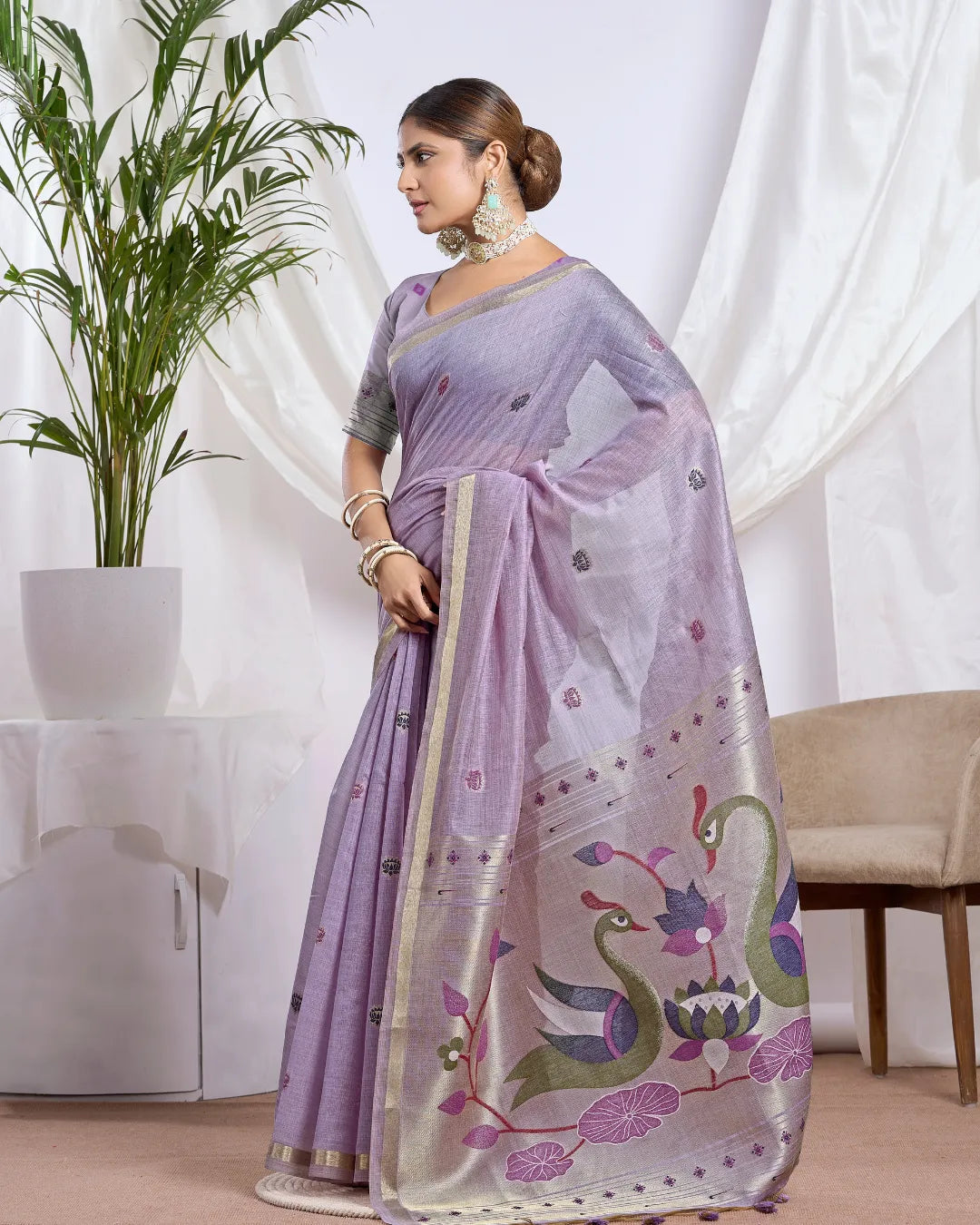 Amethyst Whisper -Lavender Muga Cotton Saree with Jari Border and Peacock Art