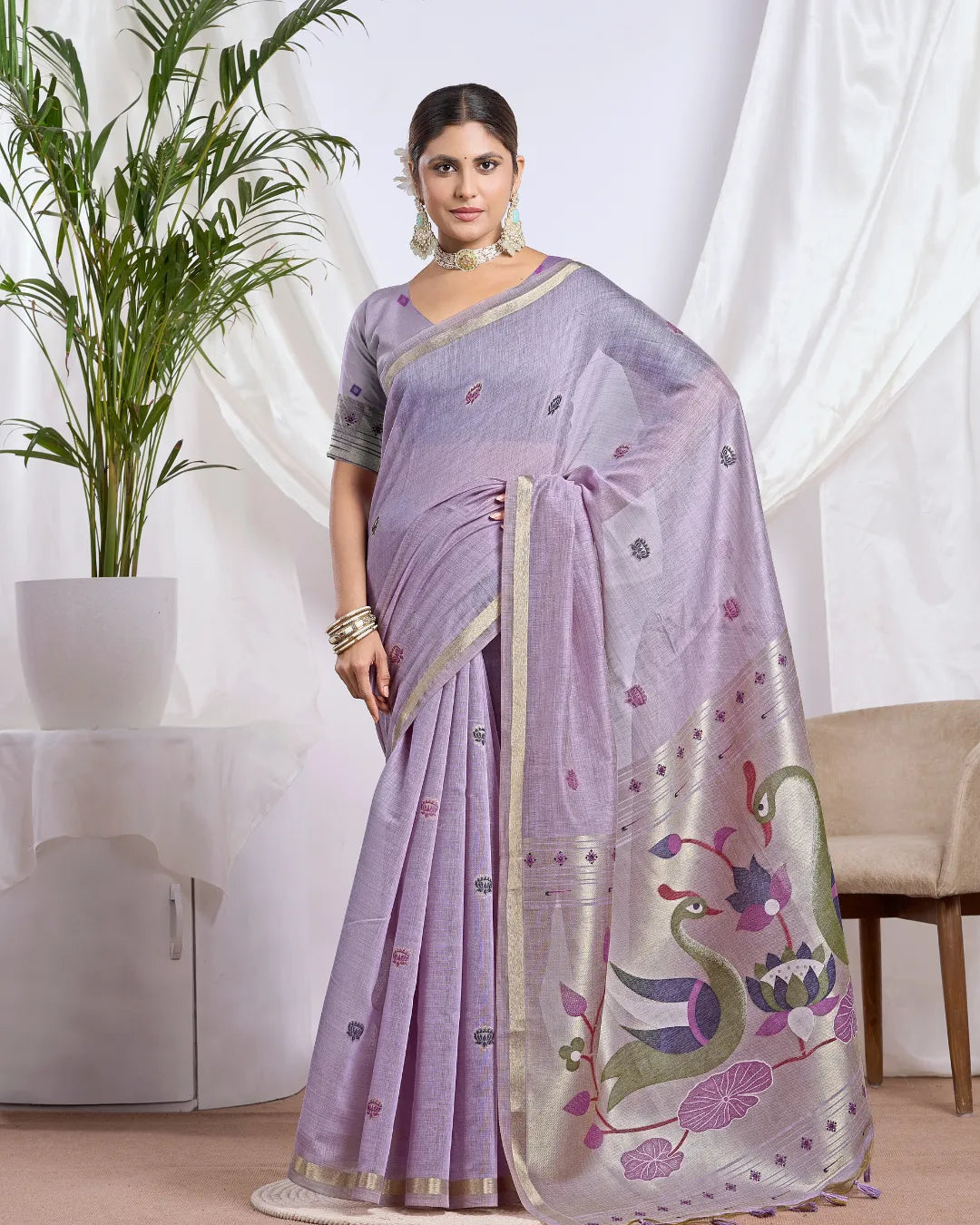 Chikoo Muga Cotton Saree with Jari Border and Peacock Motifs