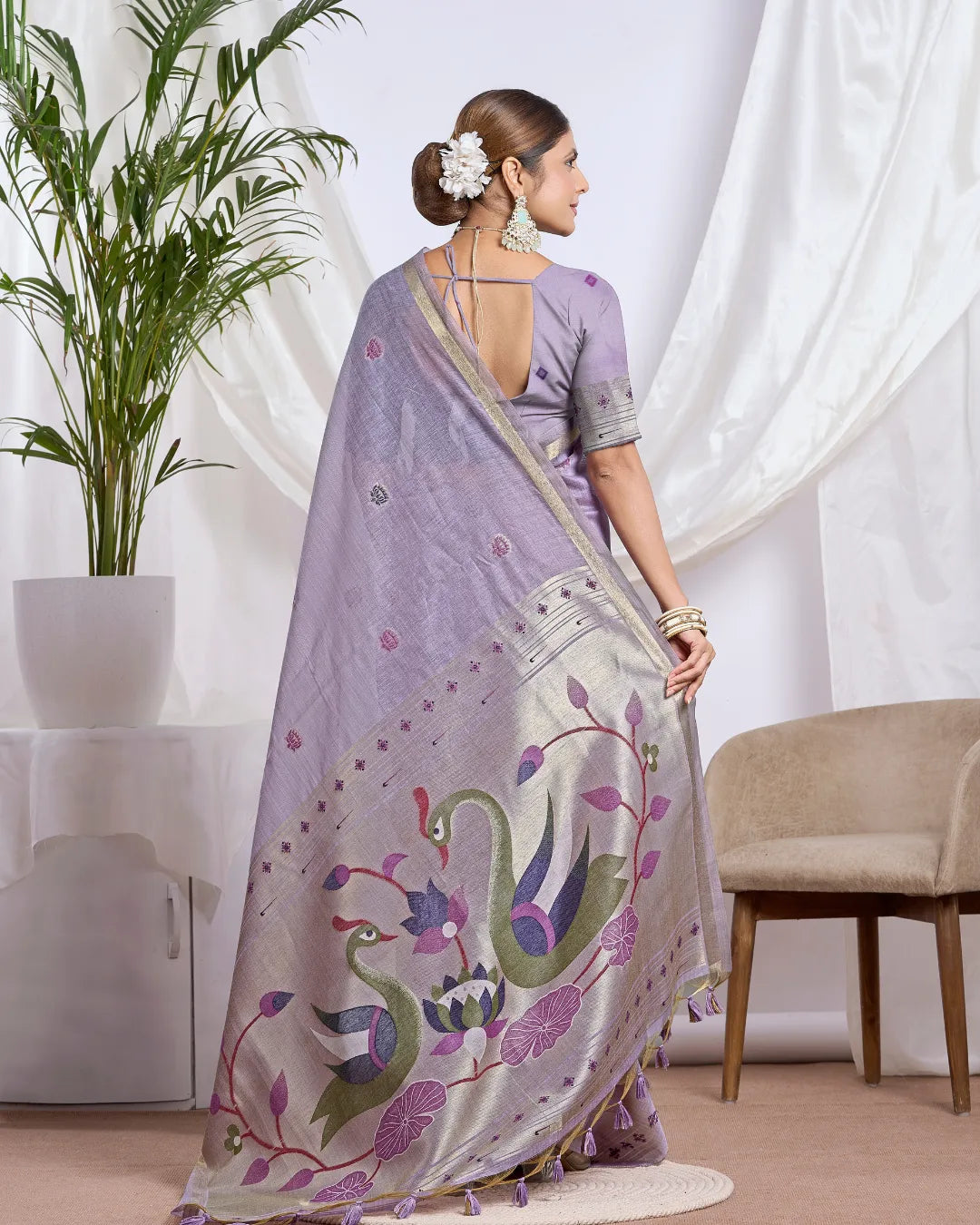 Amethyst Whisper -Lavender Muga Cotton Saree with Jari Border and Peacock Art