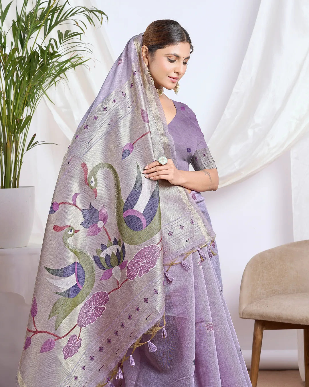 Amethyst Whisper -Lavender Muga Cotton Saree with Jari Border and Peacock Art