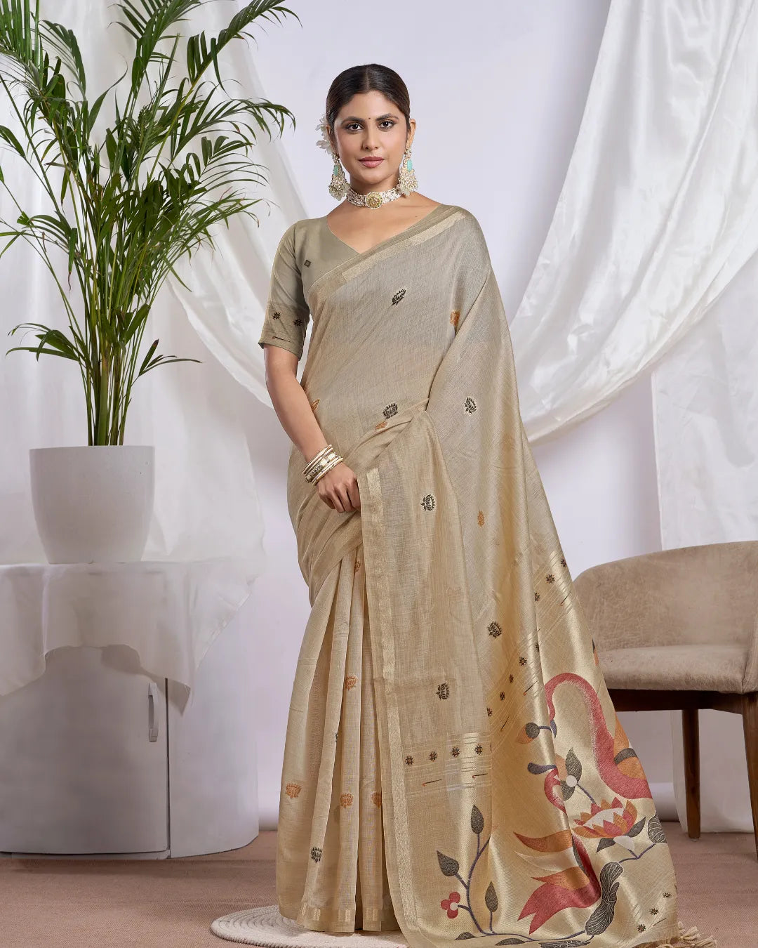 Pink Muga Cotton Saree with Jari Border and Peacock Pallu