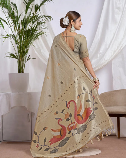 Chikoo Muga Cotton Saree with Jari Border and Peacock Motifs