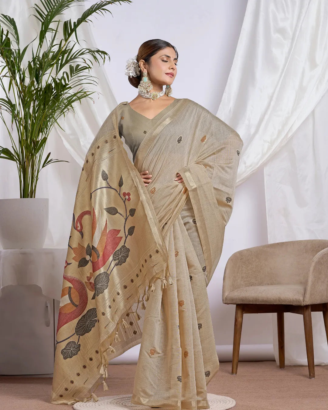 Chikoo Muga Cotton Saree with Jari Border and Peacock Motifs