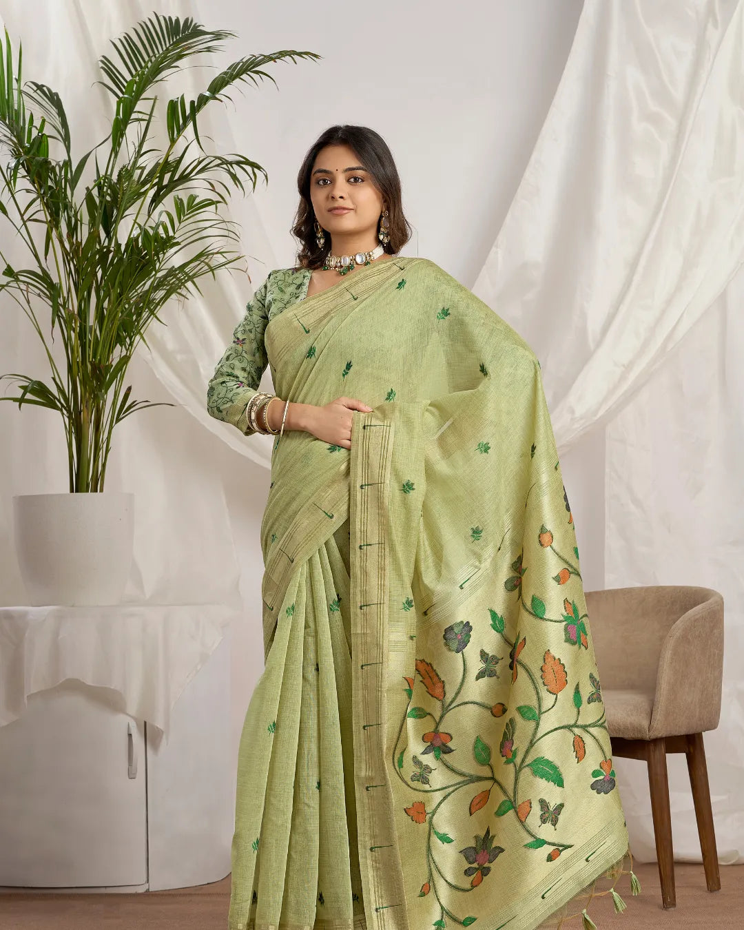 Mustard Yellow Muga Cotton Paithani Saree with Floral Jari Border