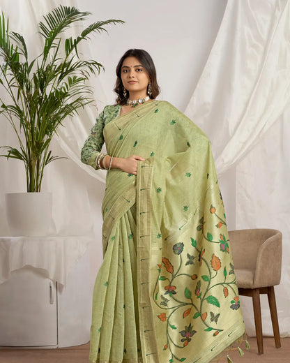 Lavender Muga Cotton Paithani Saree with Floral Jari Border