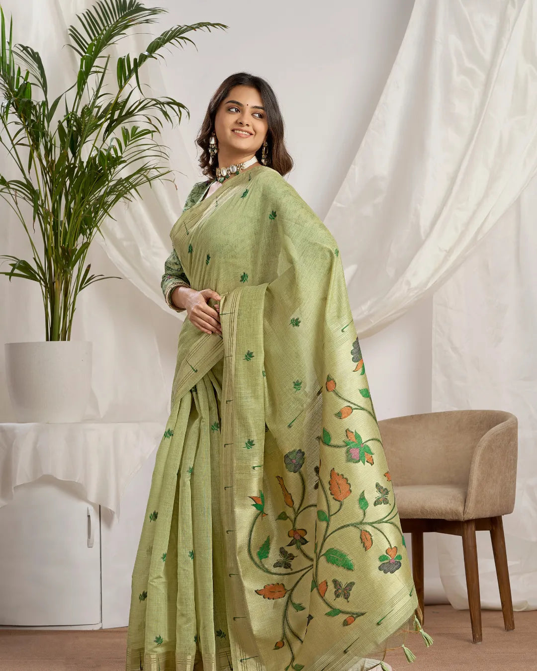 Pista Green Muga Cotton Paithani Saree with Floral Jari Border