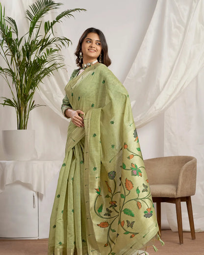 Pista Green Muga Cotton Paithani Saree with Floral Jari Border
