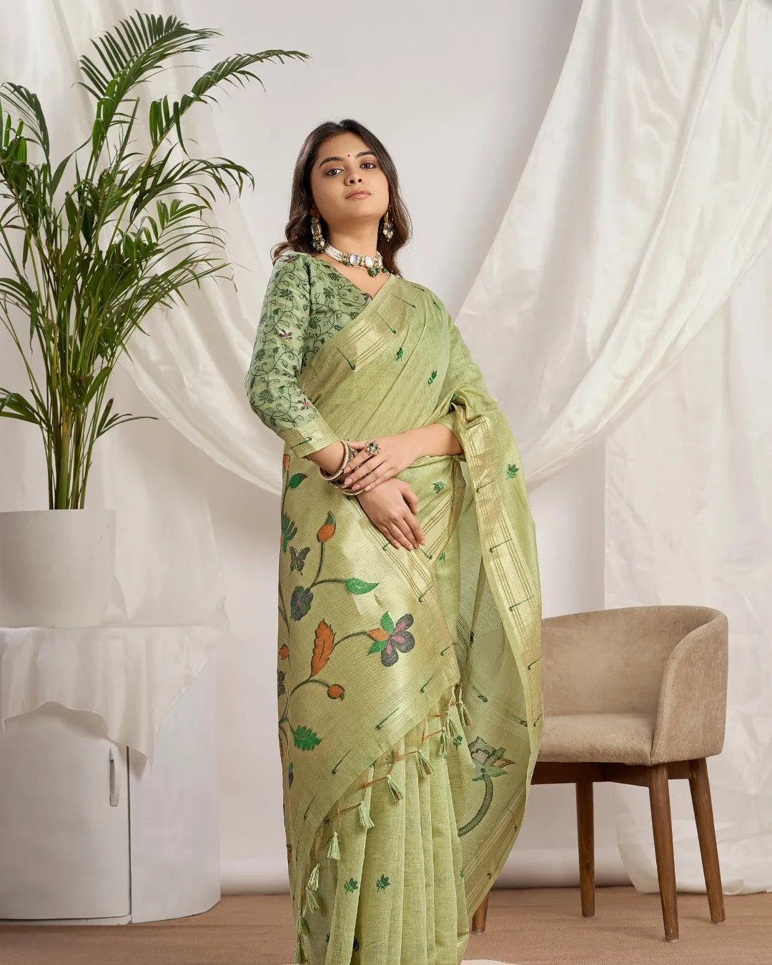 Pista Green Muga Cotton Paithani Saree with Floral Jari Border