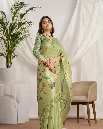 Pista Green Muga Cotton Paithani Saree with Floral Jari Border