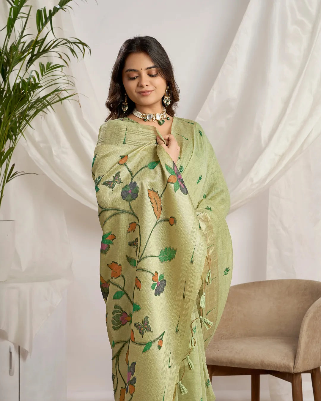 Pista Green Muga Cotton Paithani Saree with Floral Jari Border