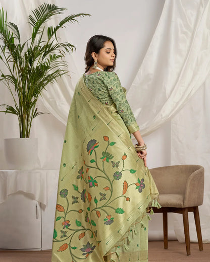 Pista Green Muga Cotton Paithani Saree with Floral Jari Border