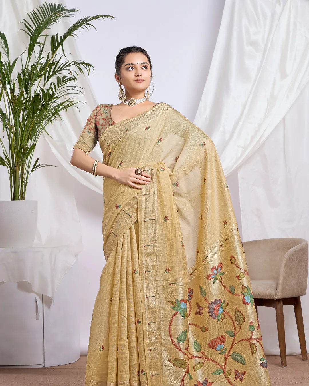 Sky Blue Muga Cotton Saree with Floral Jari Border