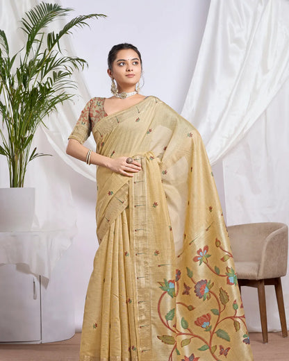 Pista Green Muga Cotton Paithani Saree with Floral Jari Border