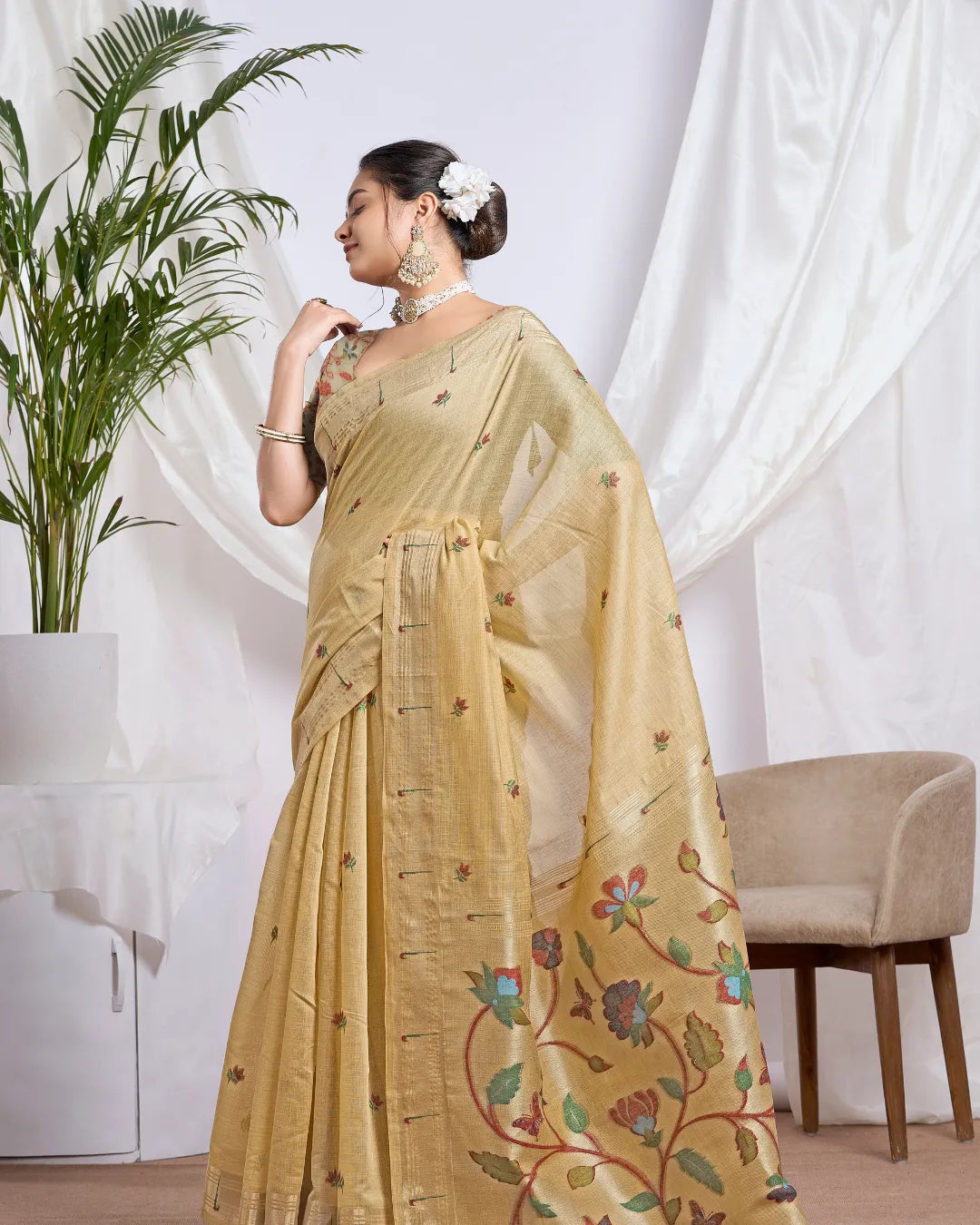 Mustard Yellow Muga Cotton Paithani Saree with Floral Jari Border