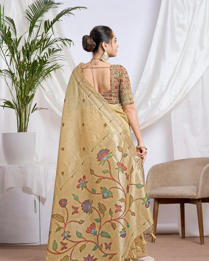 Mustard Yellow Muga Cotton Paithani Saree with Floral Jari Border