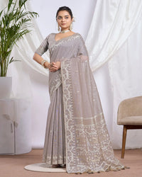Silver Mist – Gray Muga Cotton Saree with Contemporary Weave