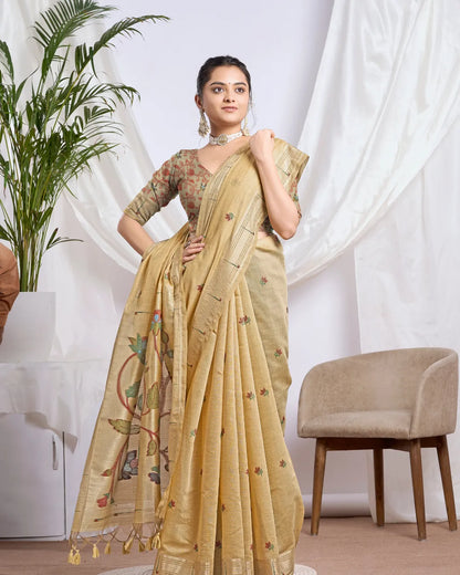 Mustard Yellow Muga Cotton Paithani Saree with Floral Jari Border
