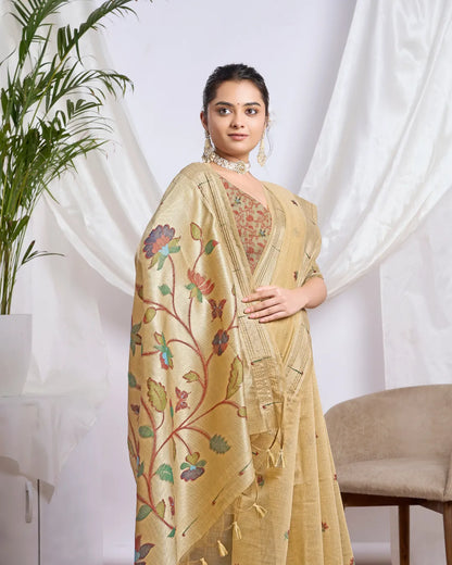 Mustard Yellow Muga Cotton Paithani Saree with Floral Jari Border