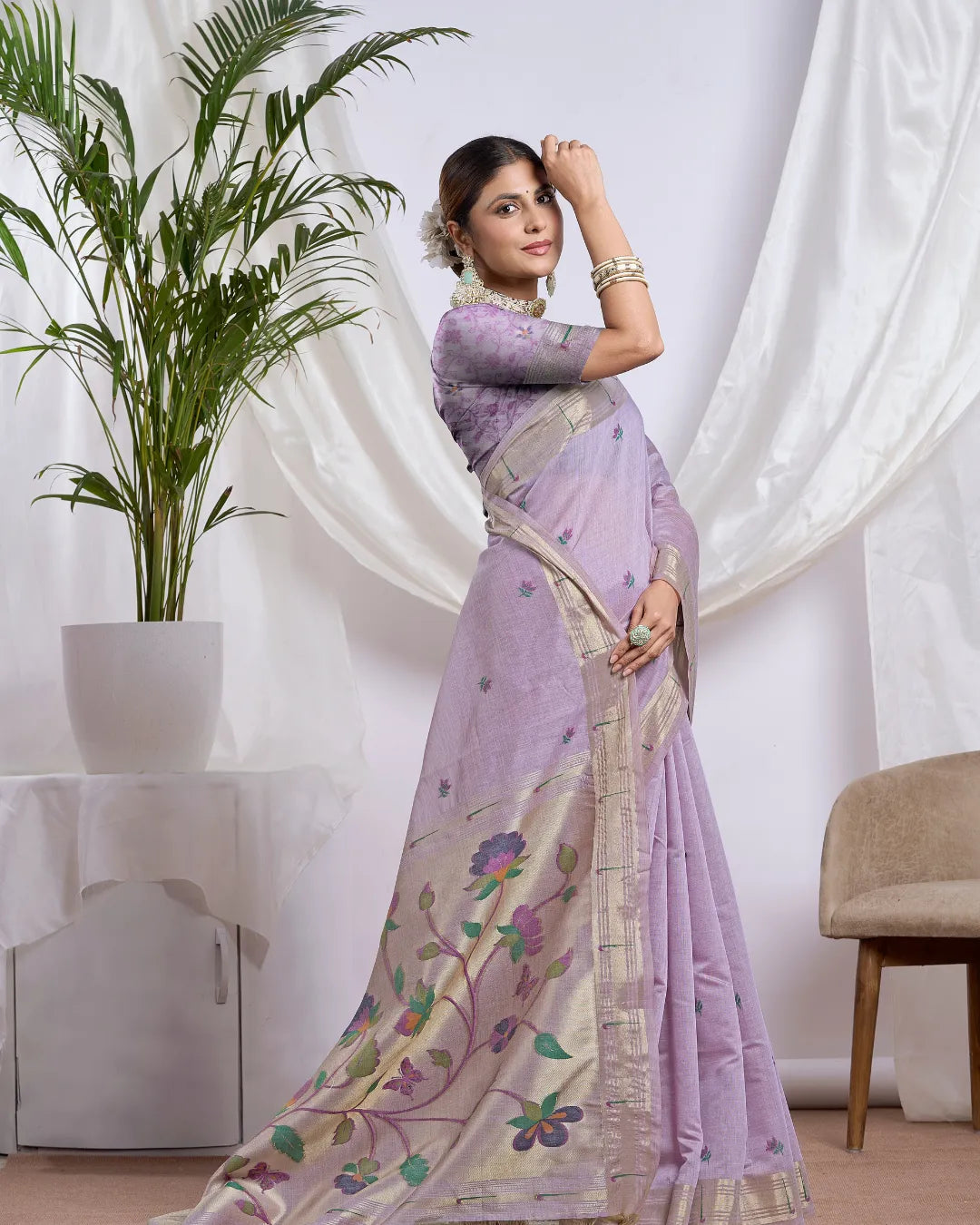 Lavender Muga Cotton Paithani Saree with Floral Jari Border