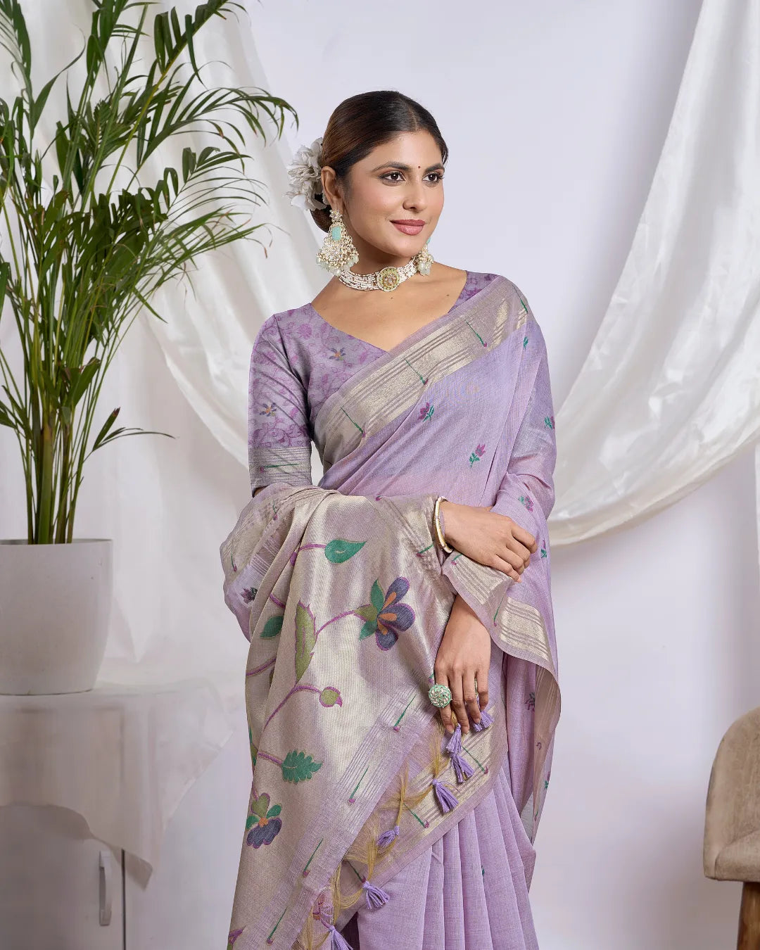 Lavender Muga Cotton Paithani Saree with Floral Jari Border