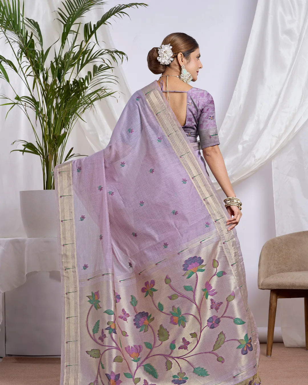 Lavender Muga Cotton Paithani Saree with Floral Jari Border
