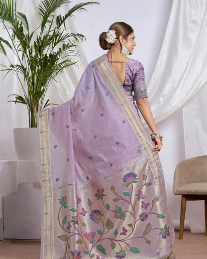 Lavender Muga Cotton Paithani Saree with Floral Jari Border