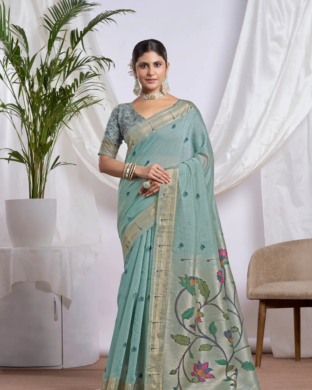 Pista Green Muga Cotton Paithani Saree with Floral Jari Border
