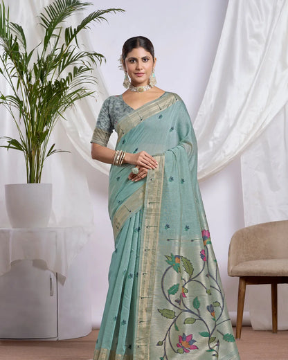 Pista Green Muga Cotton Paithani Saree with Floral Jari Border
