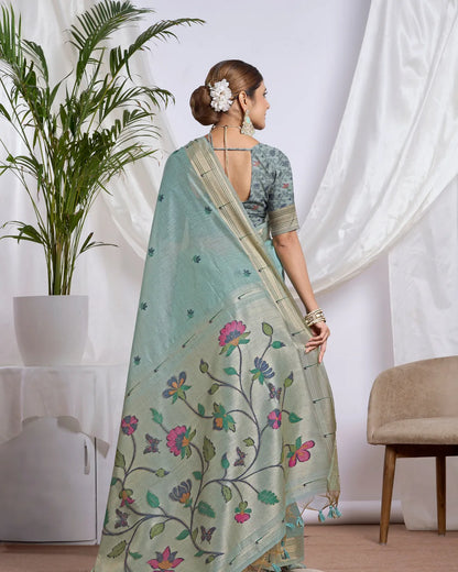 Sky Blue Muga Cotton Saree with Floral Jari Border
