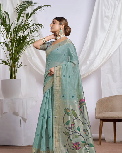 Sky Blue Muga Cotton Saree with Floral Jari Border