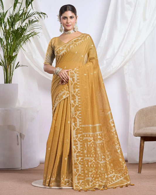 Golden Ochre – Mustard Yellow Muga Cotton Saree with Tribal Art