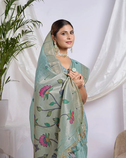 Sky Blue Muga Cotton Saree with Floral Jari Border