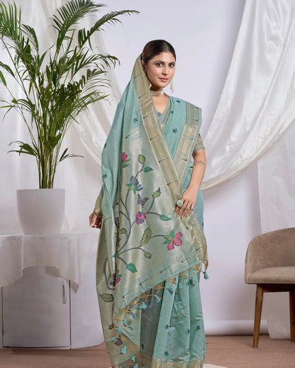 Sky Blue Muga Cotton Saree with Floral Jari Border