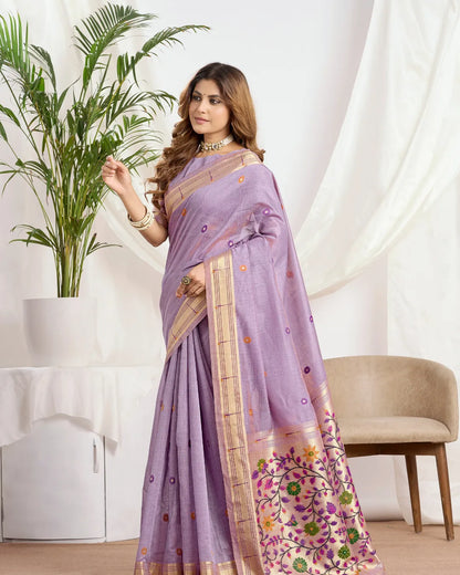 Lavender Muga Cotton Paithani Saree with Floral Jari Border