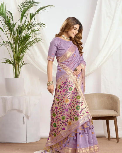 Lavender Muga Cotton Paithani Saree with Floral Jari Border