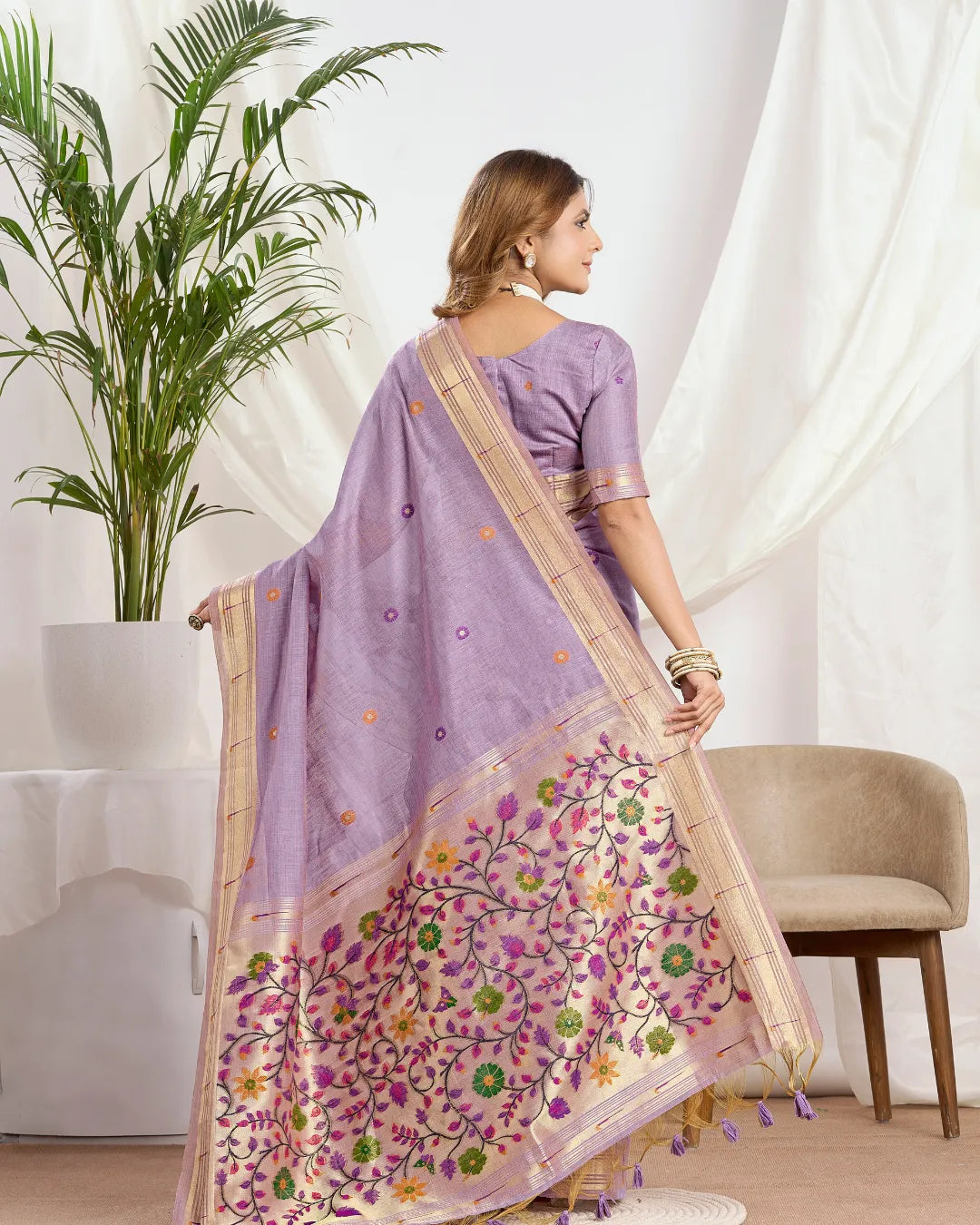 Lavender Muga Cotton Paithani Saree with Floral Jari Border