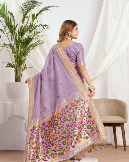 Lavender Muga Cotton Paithani Saree with Floral Jari Border