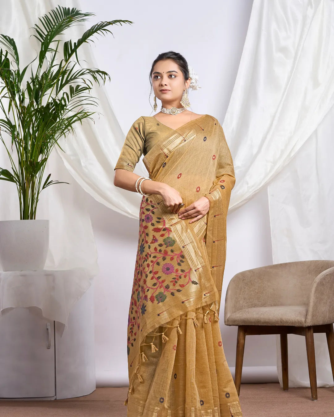 Golden Splendor - Yellow Muga Cotton Paithani Saree with Floral Jari Border