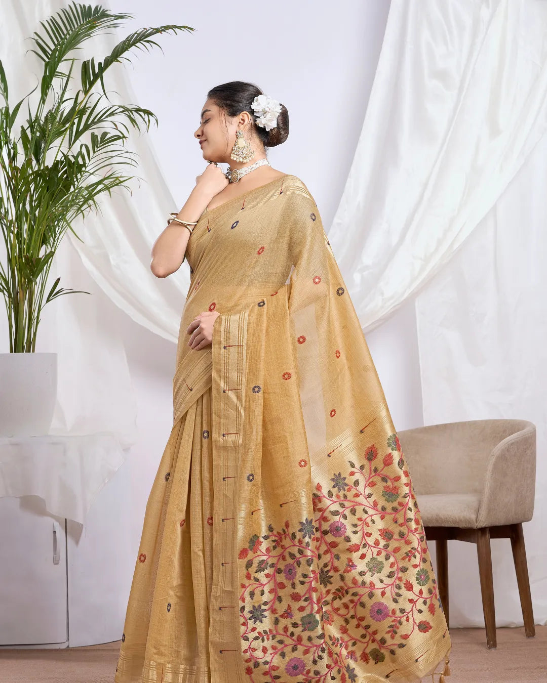Golden Splendor - Yellow Muga Cotton Paithani Saree with Floral Jari Border