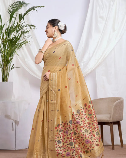Golden Splendor - Yellow Muga Cotton Paithani Saree with Floral Jari Border