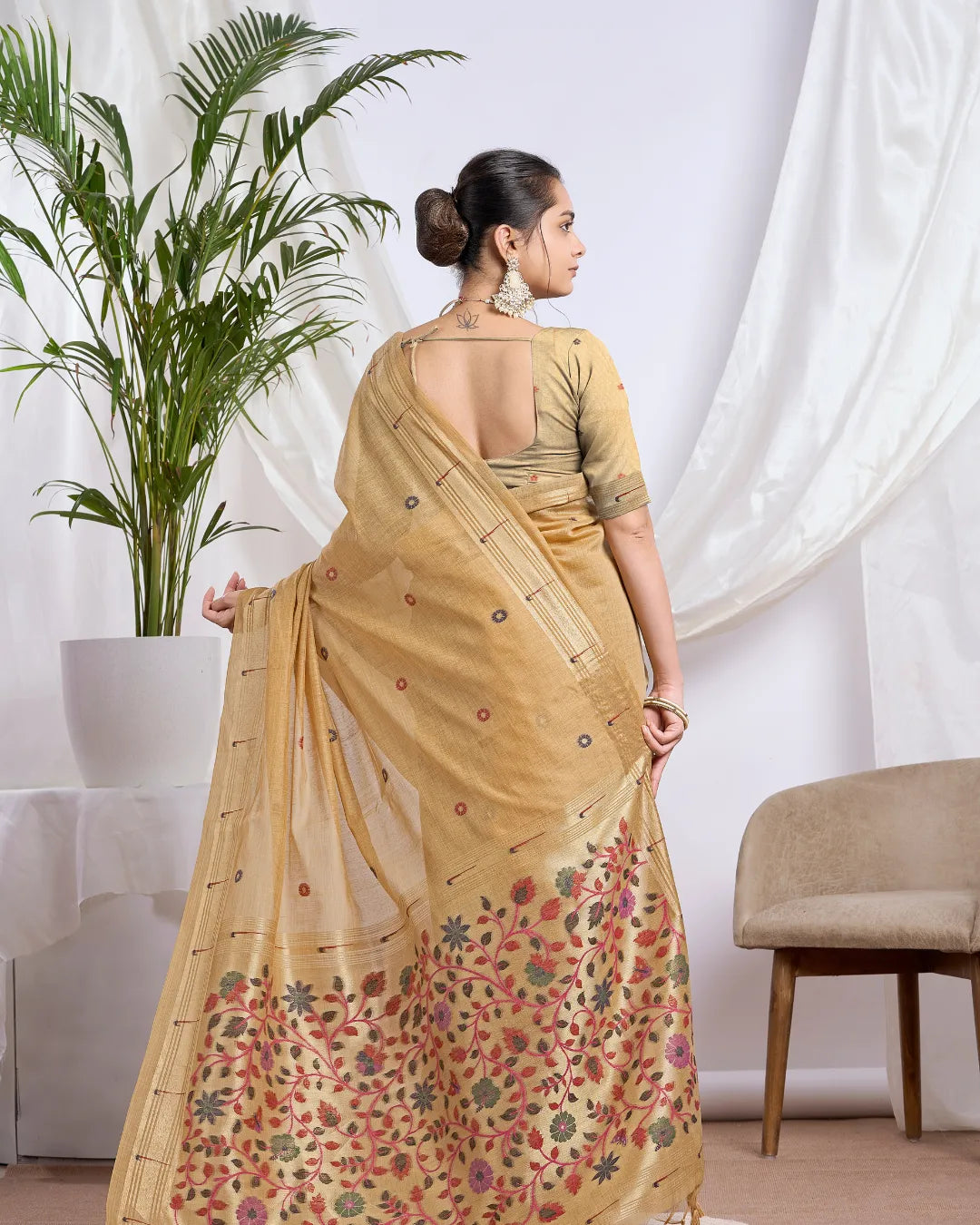 Golden Splendor - Yellow Muga Cotton Paithani Saree with Floral Jari Border