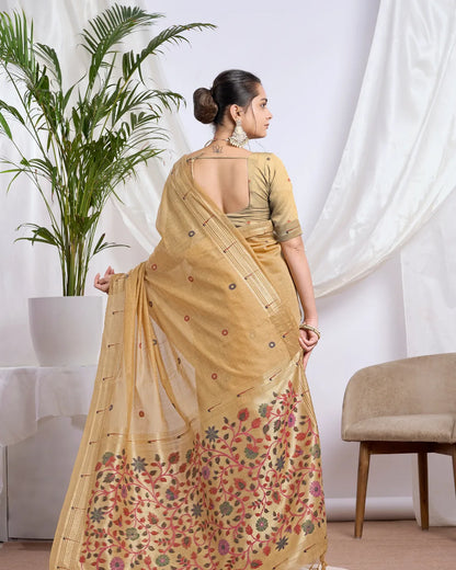 Golden Splendor - Yellow Muga Cotton Paithani Saree with Floral Jari Border
