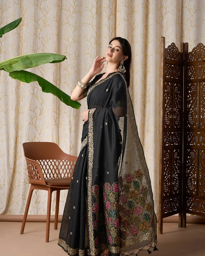 Black Muga Cotton Jamdani Saree with Multicolour Flower Pallu
