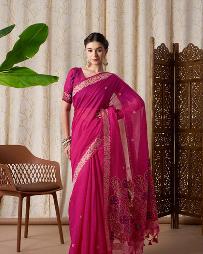 Wine Muga Cotton Jamdani Saree with Multicolour Flower Pallu